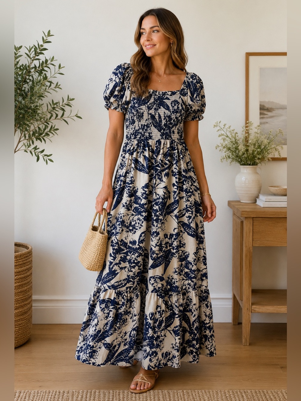 Lapogee Smocked Floral Maxi Dress Cottagecore Coastal Prairie Puff Linen Large